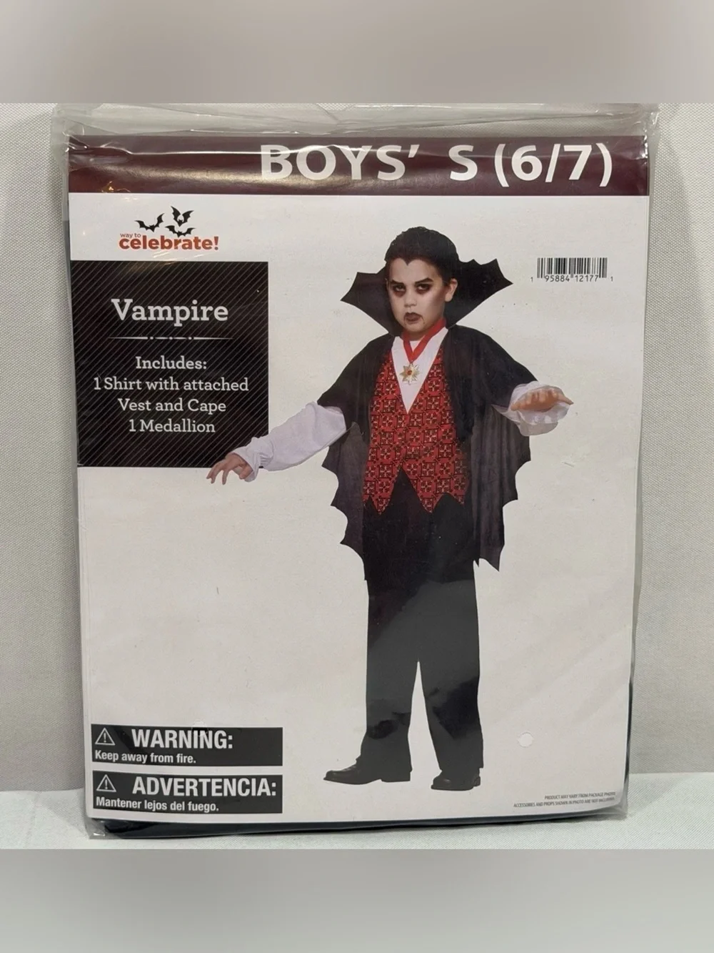 New Vampire Costume Boys' Size S 6/7 3pc Shirt w/ Attached Vest Cape & Medallion